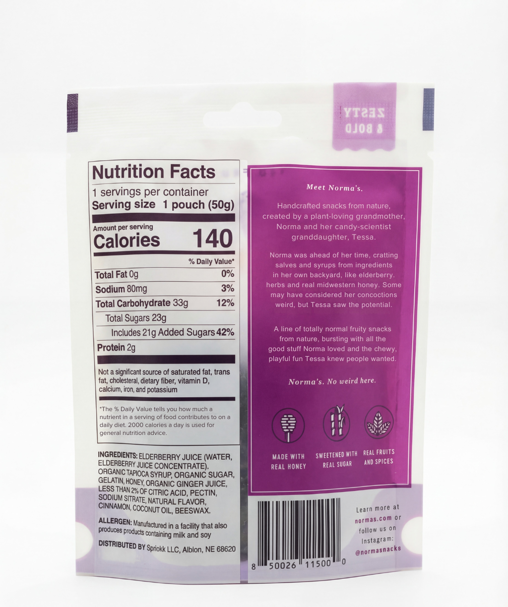 Nutrition facts label and product description on a white background for Norma's Elderberry Ginger fruit snacks. Made with real honey.