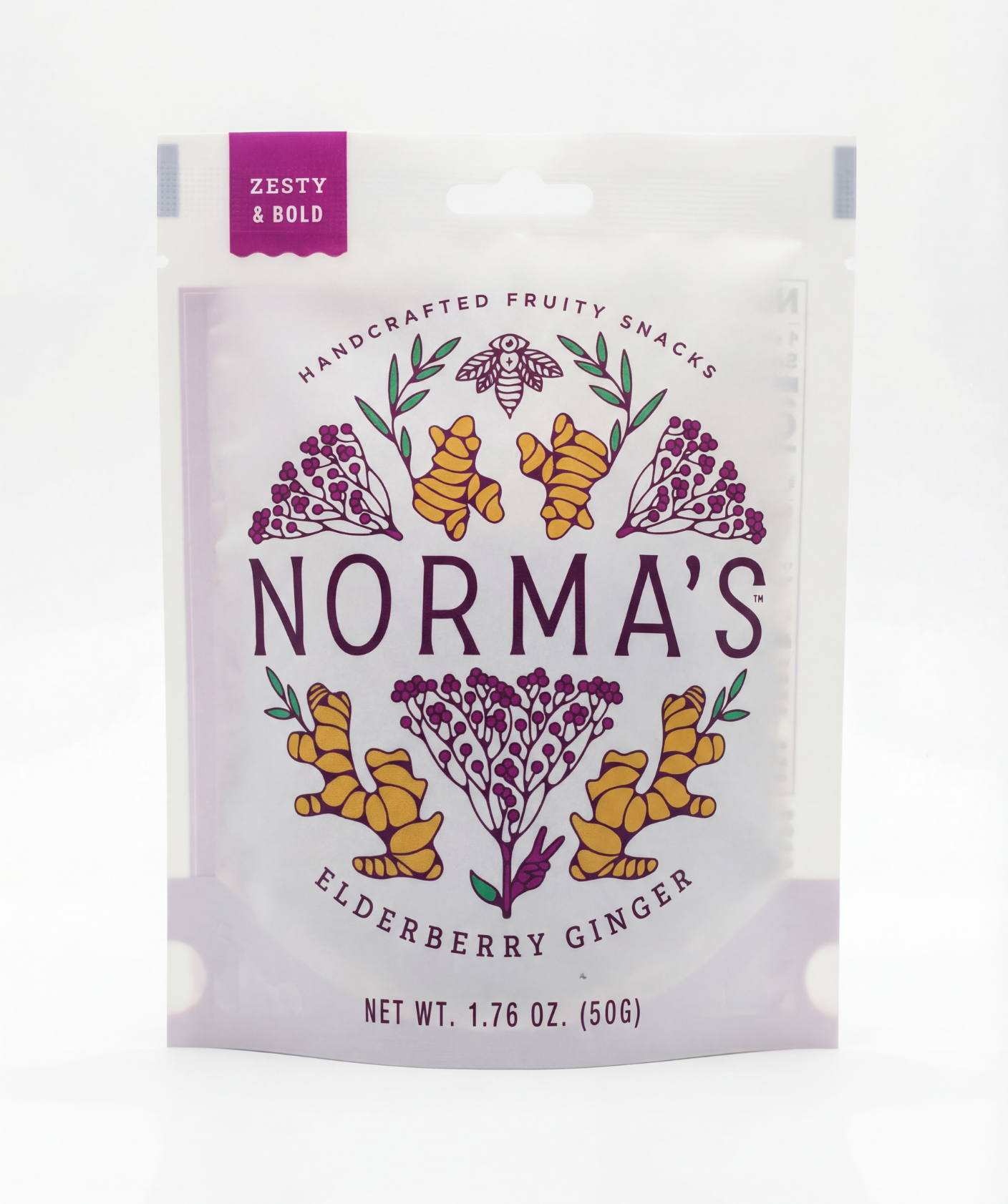 Norma's Elderberry Ginger fruit snack package front with floral herbal design on a white background. Zesty and bold flavor callout.