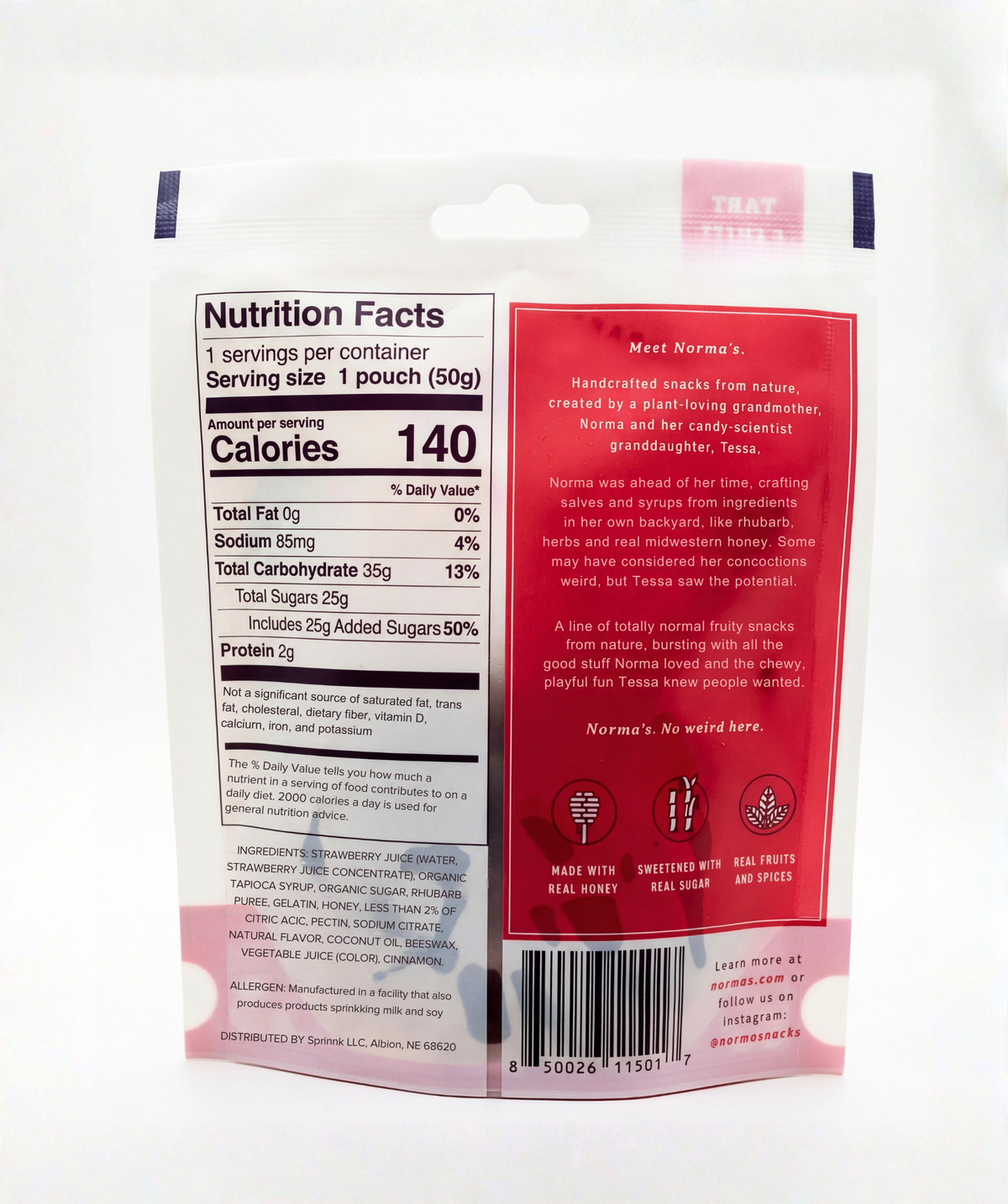 Nutrition facts label and product description on a Norma's strawberry rhubarb package. Made with real honey.