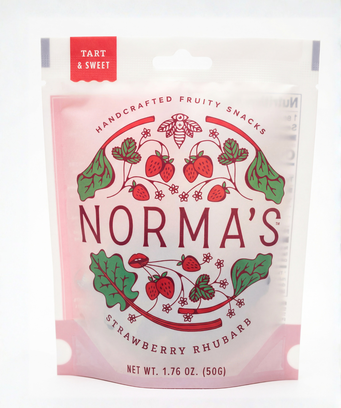Packaging of Norma's strawberry rhubarb snacks with decorative elements on a white background. Tart and sweet flavor.